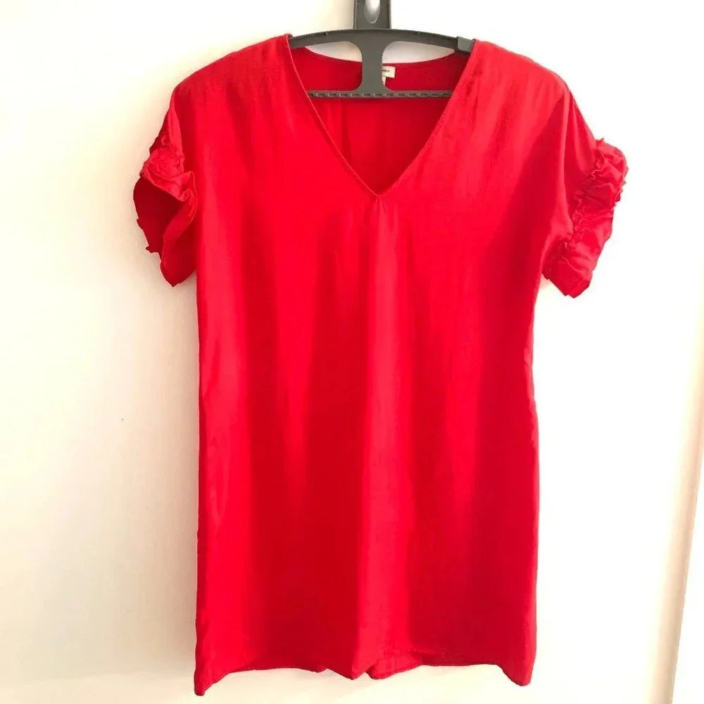 Cremieux Women's Red Ruffle Cap Sleeve V Neck Shift Dress Size Small